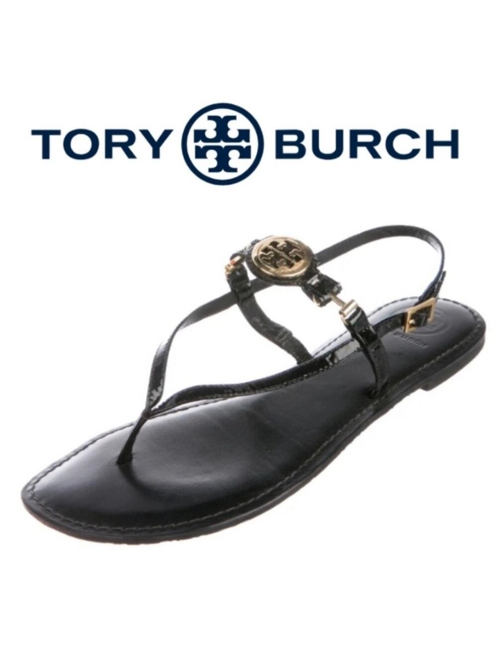 Tory Burch Black Patent Leather Ali Thong Sandal Sz.10